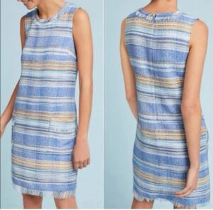 Anthropologie Akemi + Kin Blue Woven Striped Shift Dress Size 0 Pockets Fringe